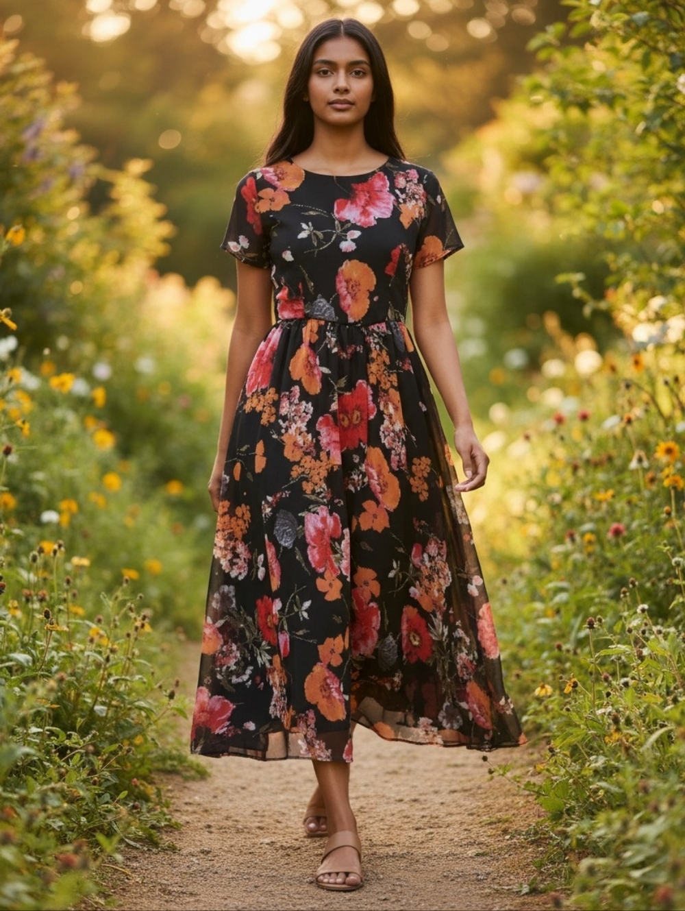 Jessakae Pensive Poppy Midi Dress Medium Short Sleeve A-Line Black Moody Floral